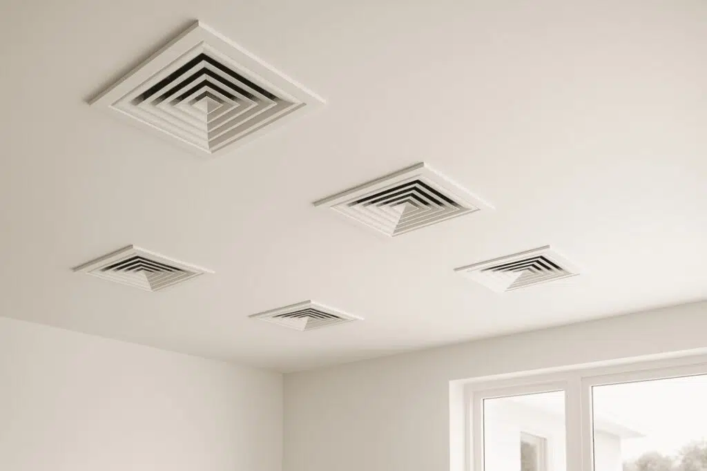 Ceiling supply vent delivering conditioned air into a home room