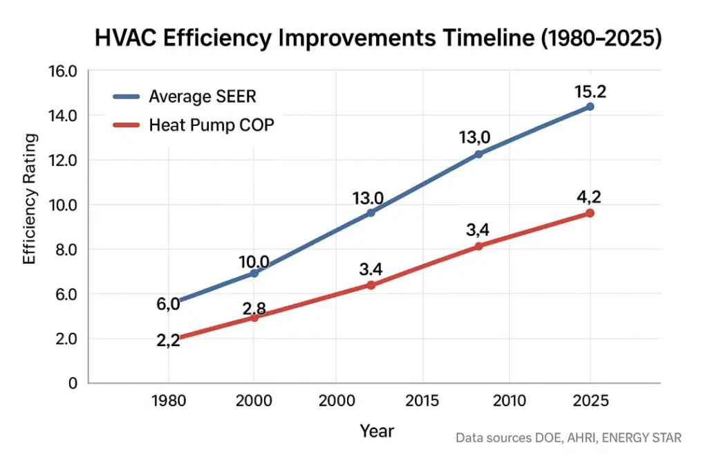 Timeline chart showing improvements in heating and cooling equipment efficiency over the years