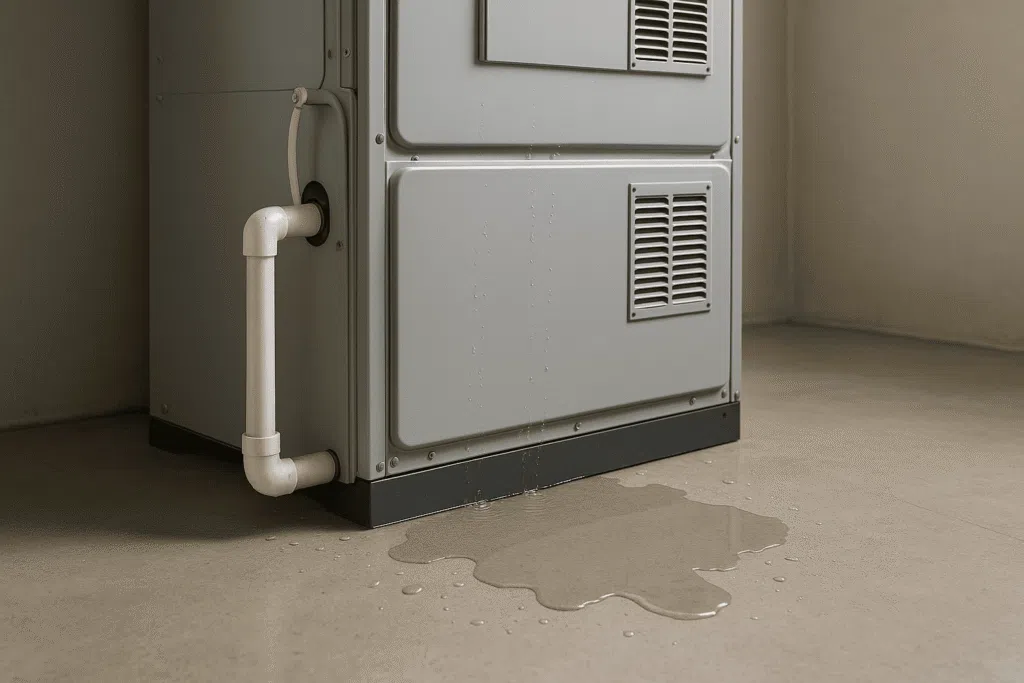 Water pooling on the floor beneath an indoor HVAC air handler