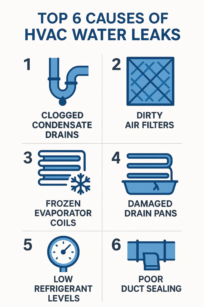 Infographic showing common causes of an HVAC system leaking water