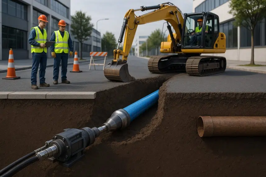 Trenchless sewer line replacement equipment set up beside a small access pit
