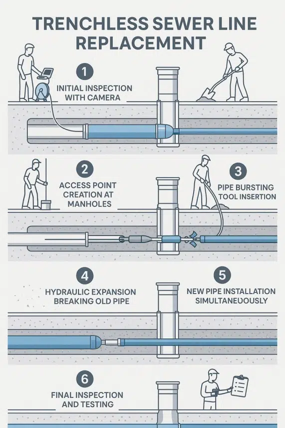 Infographic showing the step-by-step stages of the pipe bursting process