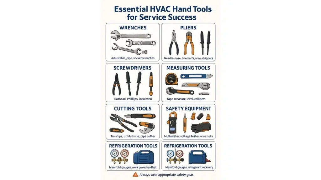 Essential HVAC hand tools organized by category
