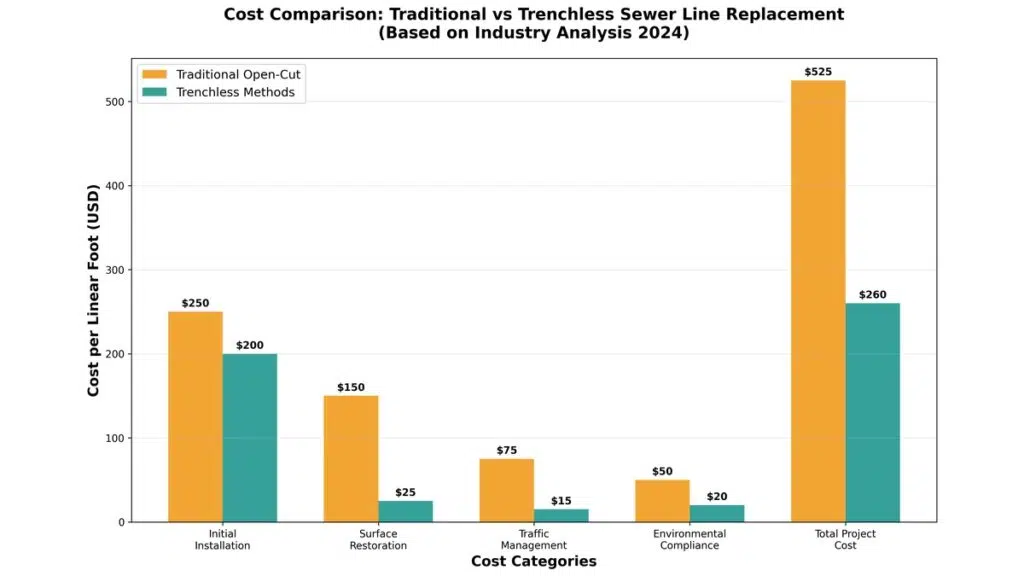 Chart comparing trenchless and traditional open-cut sewer replacement costs per linear foot