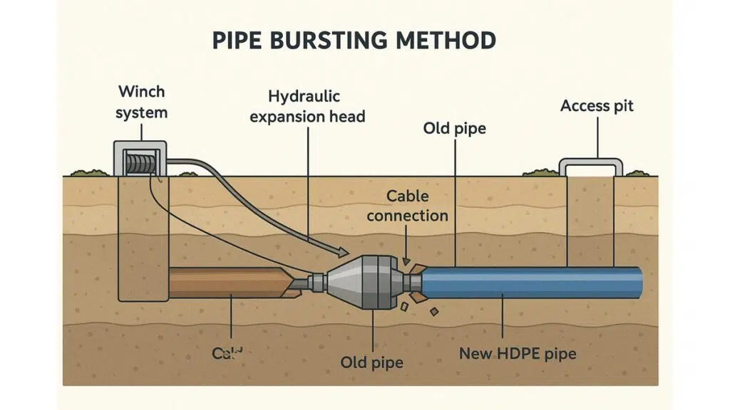 Diagram of the pipe bursting process fracturing an old sewer pipe while pulling in a new HDPE pipe