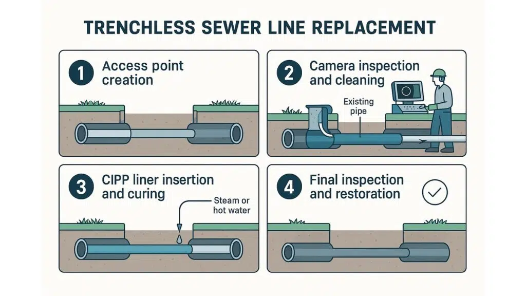 Infographic showing how trenchless sewer line replacement works through small access pits instead of a full trench