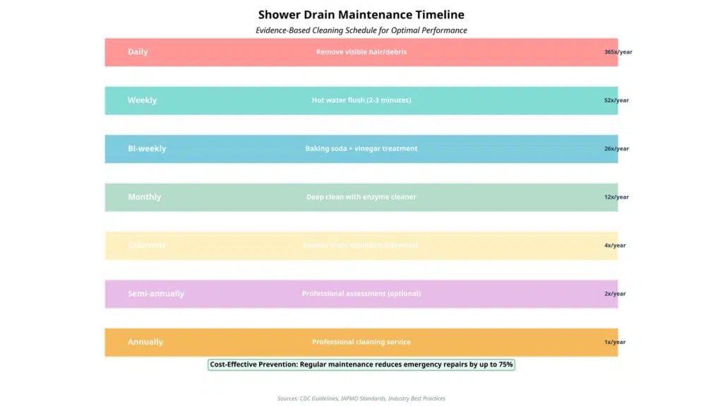 Shower drain maintenance schedule showing weekly, monthly, and seasonal cleaning tasks