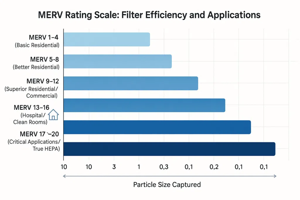MERV rating chart matching filter types to the particle sizes they capture
