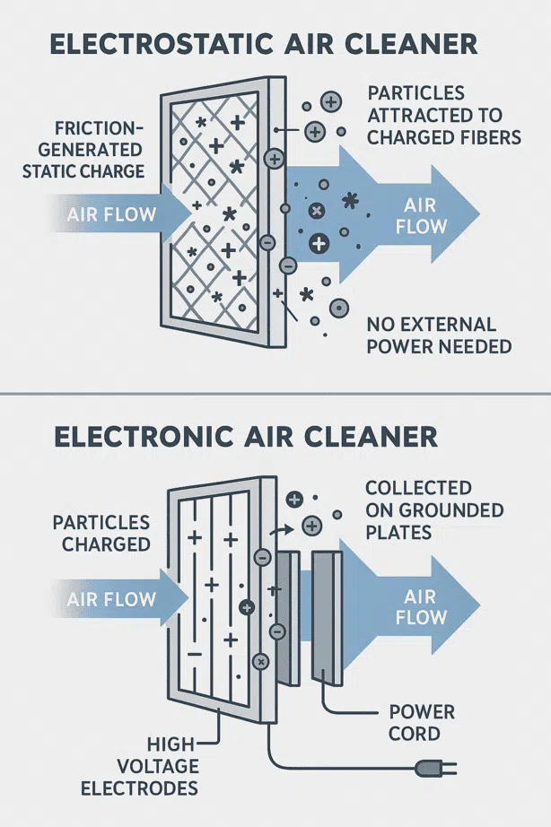 Infographic showing the charging and collection differences between electrostatic filters and electronic air cleaners